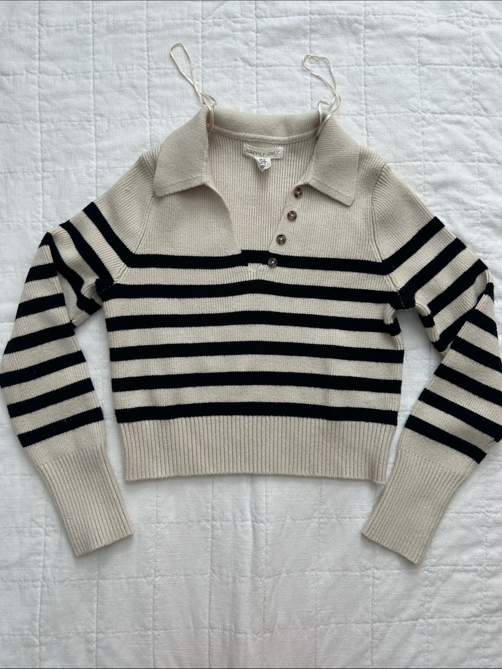 Striped V‑Neck Polo Sweater in Cream & Black